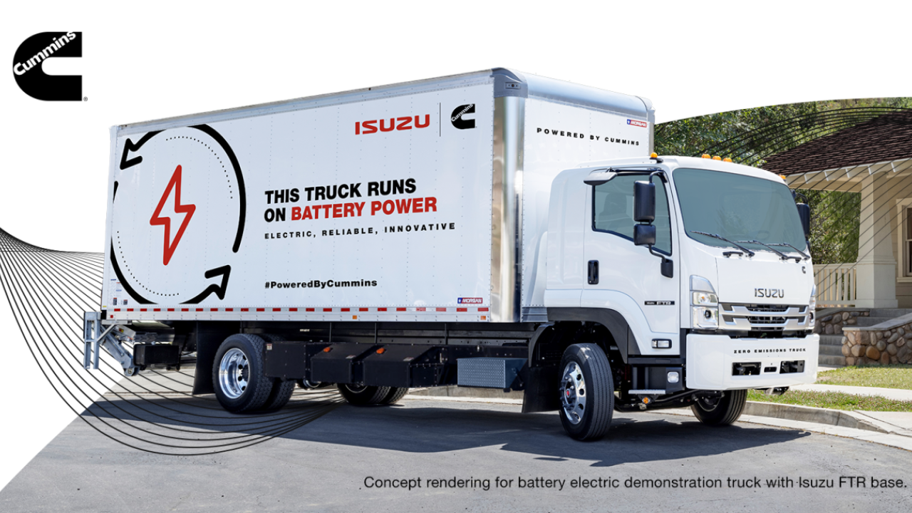 truck with words on it reading "This Truck Runs on Battery Power"