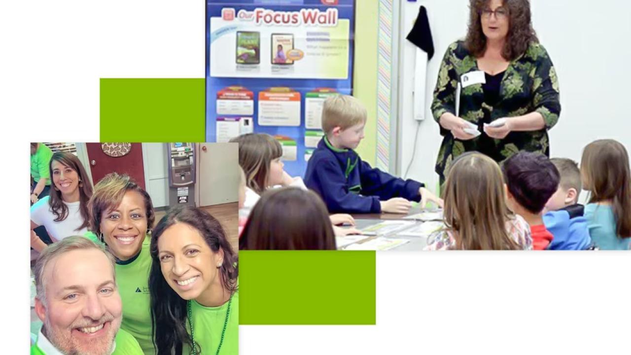 Collage of volunteers taking a selfie, and one standing in front of a class of students.
