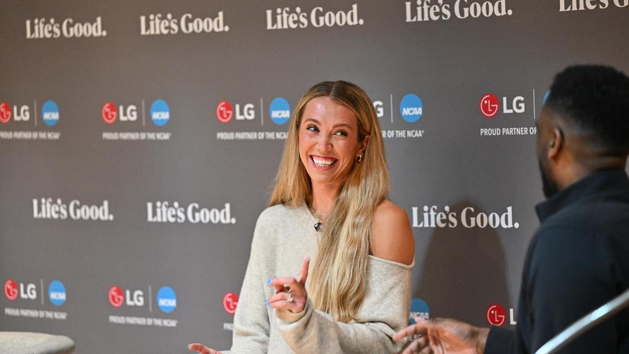 WNBA player Lexie Hull answers questions about maintaining good mental health during a discussion hosted by LG Electronics and the National Alliance on Mental Illness (NAMI) on Friday, April 3, 2026, in Indianapolis, Indiana.