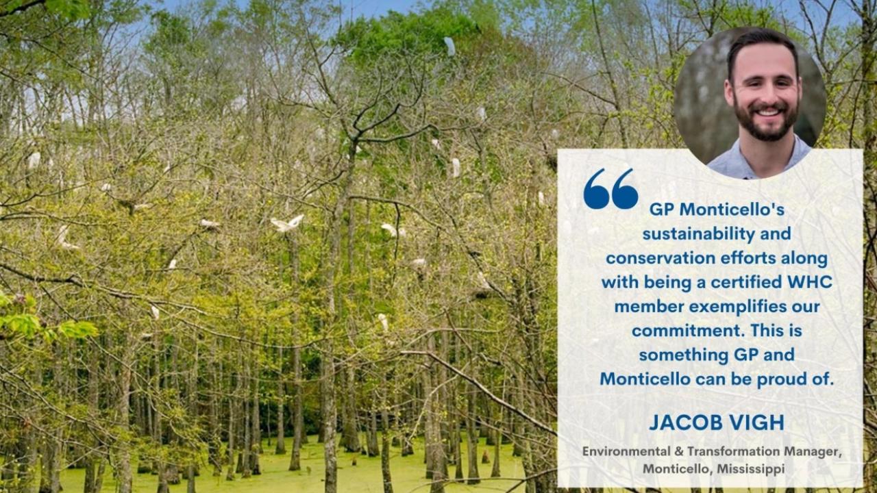 Picture of trees with a quote from JACOB VIGH, Environmental & Transformation Manager, Monticello, Mississippi. The quote reads “GP Monticello's sustainability and conservation efforts along with being a certified WHC member exemplifies our commitment. This is something GP and Monticello can be proud of.”