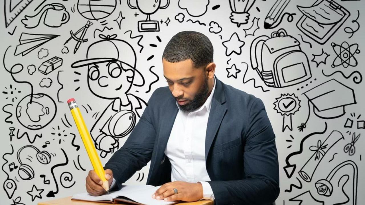 Jalen Roddey sat at a wooden desk, holding a large pencil drawing in a book. With a black and white sketch background behind them