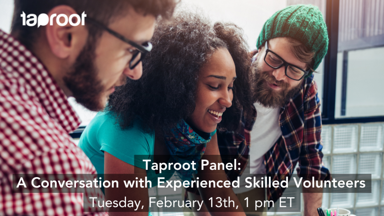 A group of smiling people are clustered around a table. A text overlay promotes a Taproot Foundation panel led by experienced skilled volunteers.
