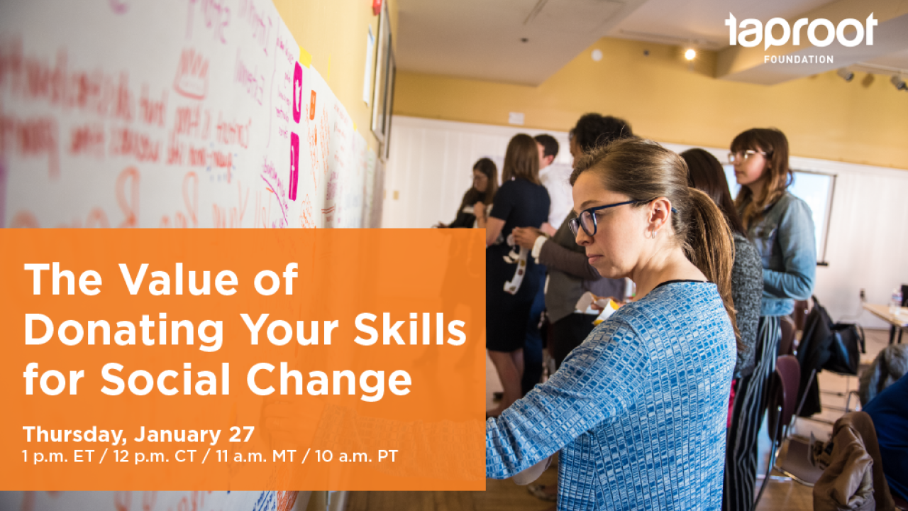 Banner reading, "The Value of Donating Your Skills for Social Change"