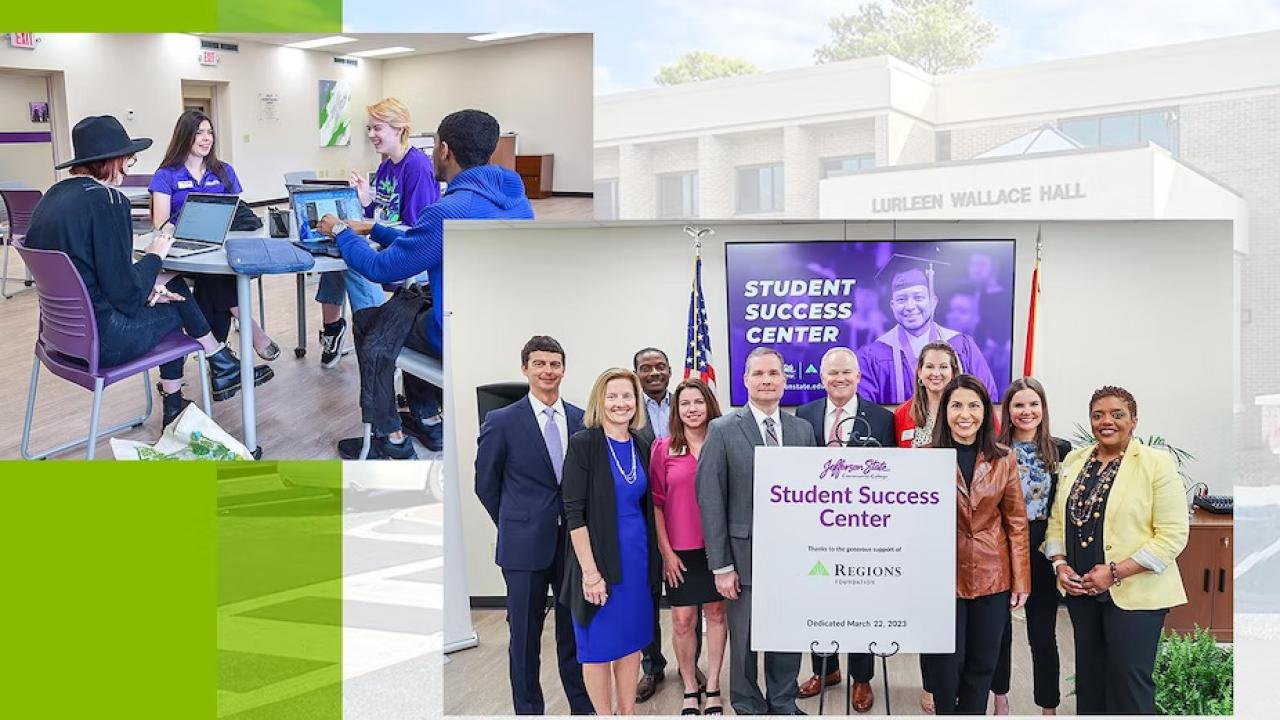 collage of two photos. Students with open laptops at a desk sitting across from each other. On the right a group of people standing behind a sign "Student Success Center".