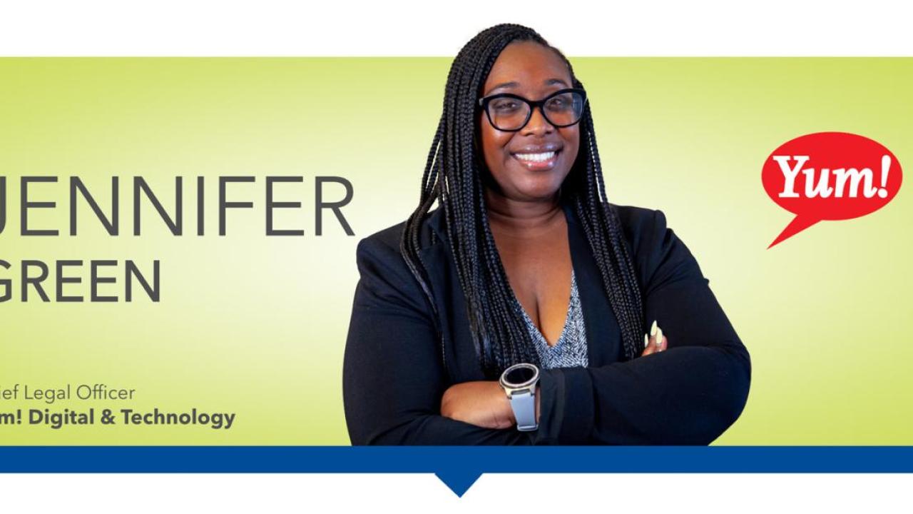 Headshot of Jennifer Green on a green background with the text "Chief Legal Officer  Yum! Digital & Technology"