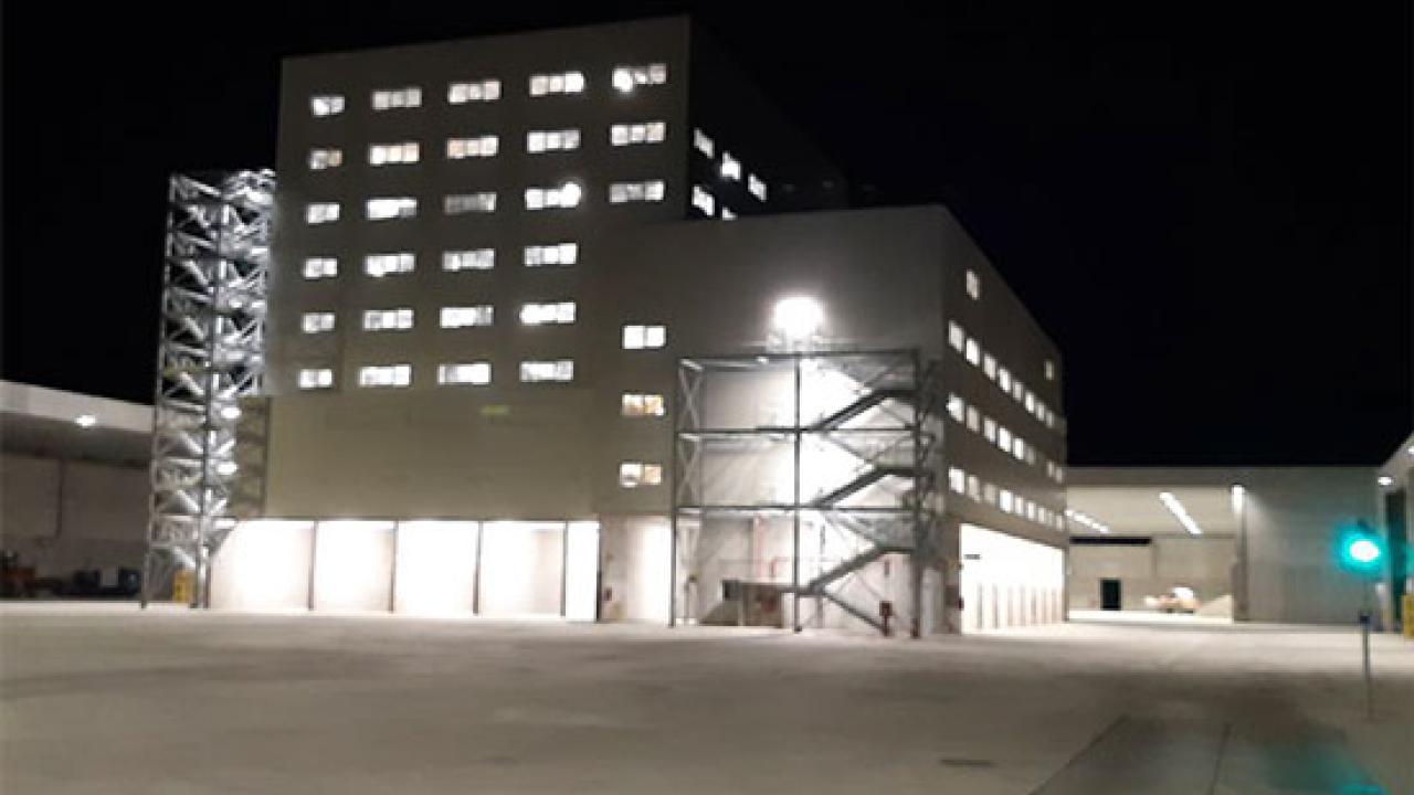 building lit up in the dark