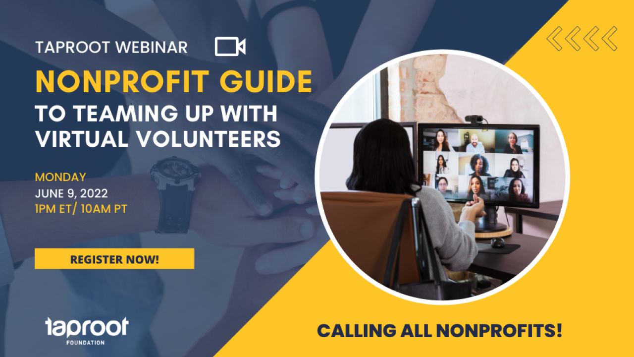 Banner with title and time of webinar alongside an image of someone watching a webinar at their desk