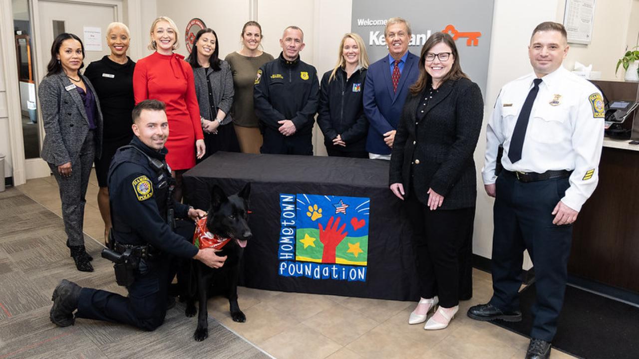 Hamden Police, KeyBank and The Hometown Foundation shown with K-9 Jet.