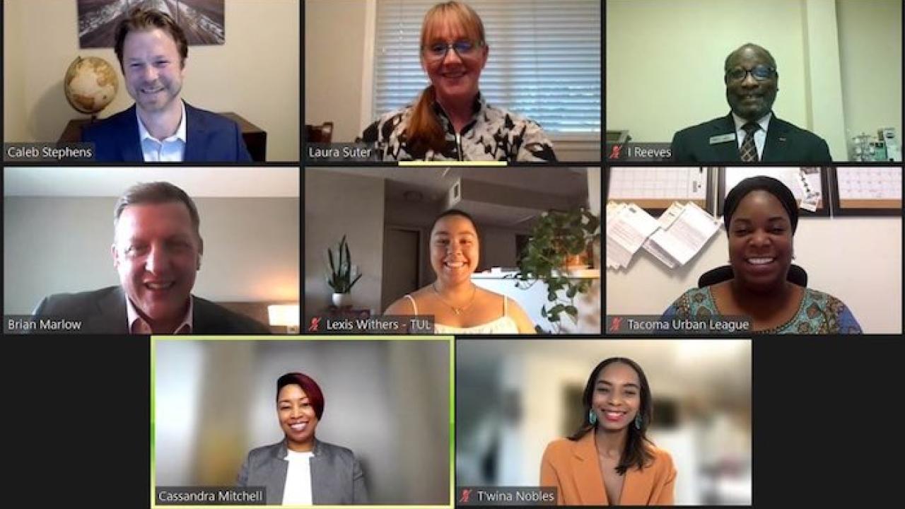 Team members from the Tacoma Urban League and KeyBank are shown on a Zoom call.