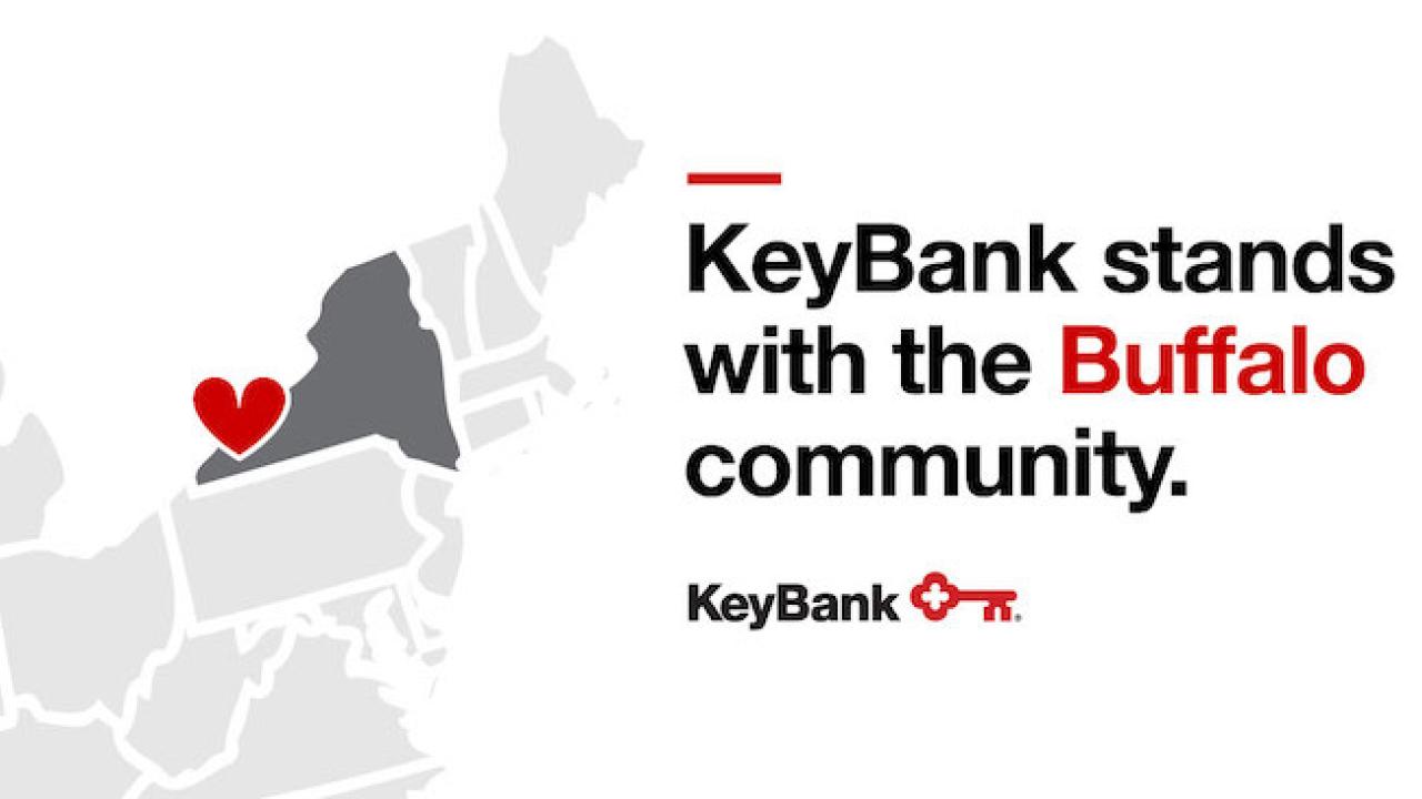 KeyBank stands with the Buffalo Community. Map of the northeast; NY state is highlighted and a heart is shown over Buffalo.