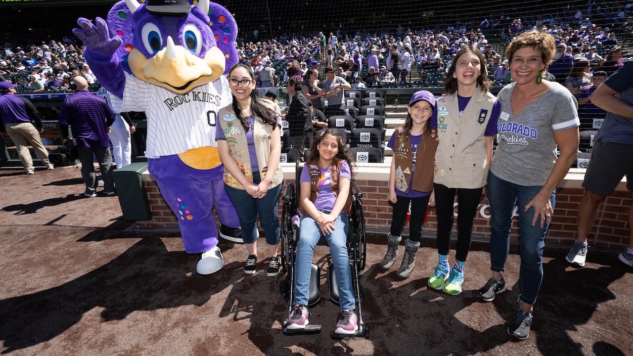 The four Girl Scouts of Colorado honored at the Rockies game