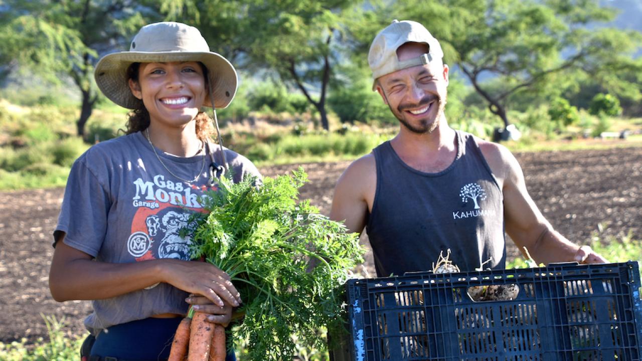 Two people holding vegetables just picked from a field
