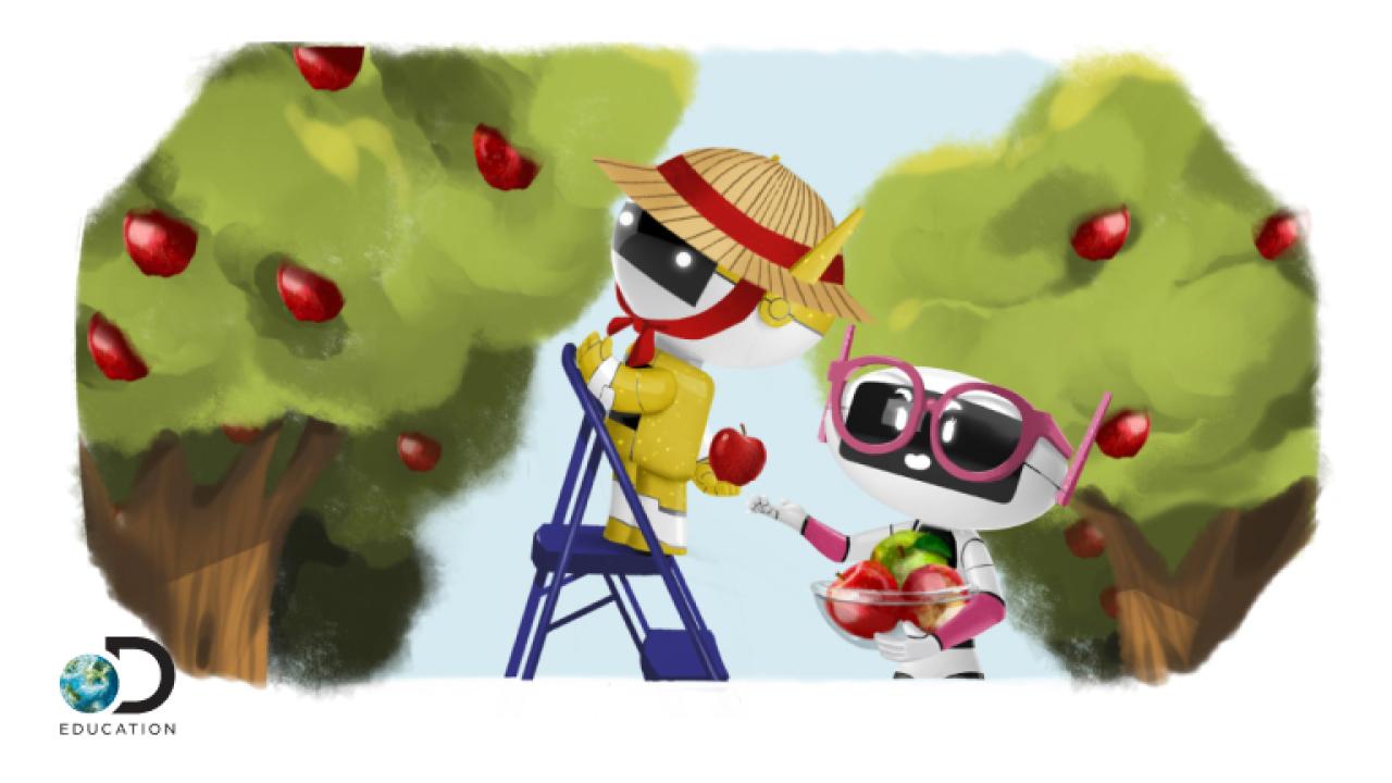 Illustrated characters in an apple tree