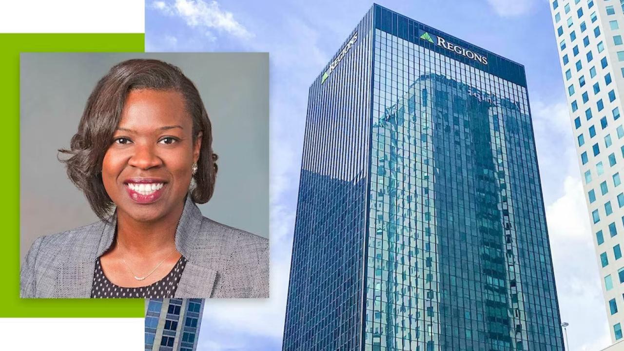 Two pictures. Kendra Key on the left, a skyscraper with "Regions" sign on the top on the right.