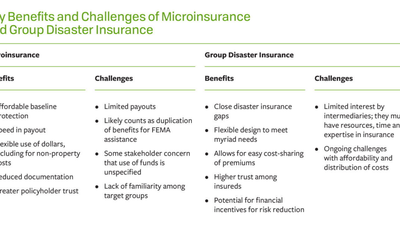 Table of "Key Benefits and Challenges of Microinsurance and Group Disaster Insurance"