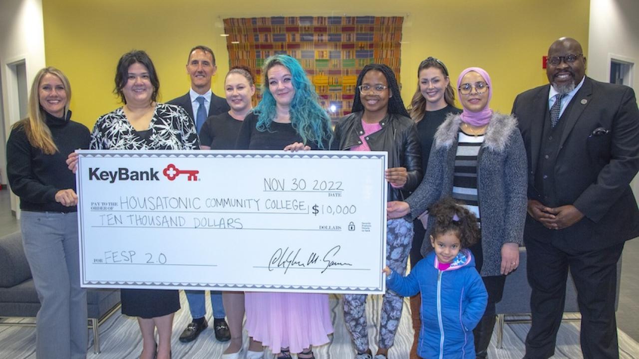 The Housatonic Community College Foundation received a $10,000 grant KeyBank to respond to the economic security needs of its students. L to R: Kristy Jelenik, HCC Foundation Executive Director, Women’s Center Director Katrina Camerato, HCC Foundation Board member and KeyBank SVP of Commercial Banking Brad Hardy, Key@Work Account Manager Katie Farrington, HCC students Mia and Jordanee (and mother of child), KeyBank Regional Corporate Responsibility Officer Analisha J Michanczyk, HCC student Jalila and HCC C