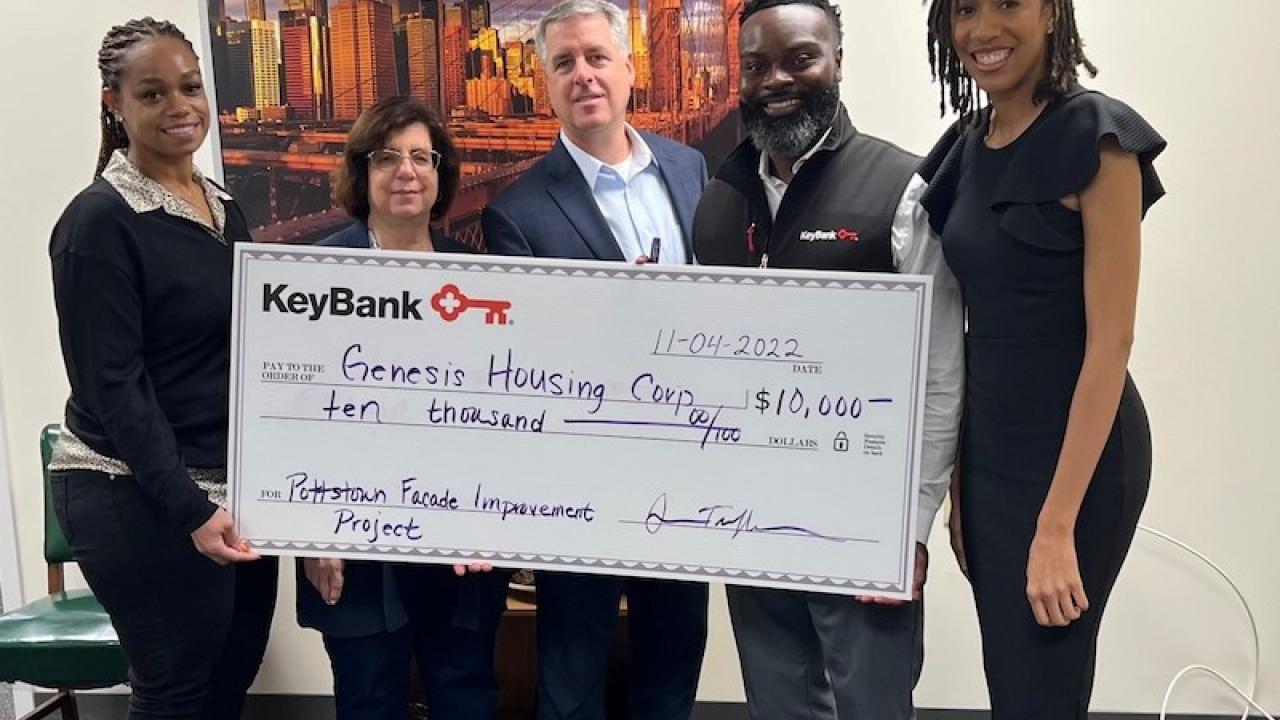 Pictured (from left) from Genesis Housing Corporation is Program Assistant Angel Smith and Executive Director, Judith Memberg, and from KeyBank is Market President Jamie Tranfalia, Corporate Responsibility Officers Chiwuike Owunwanne, and Norristown Branch Manager Ashley Bowen.  