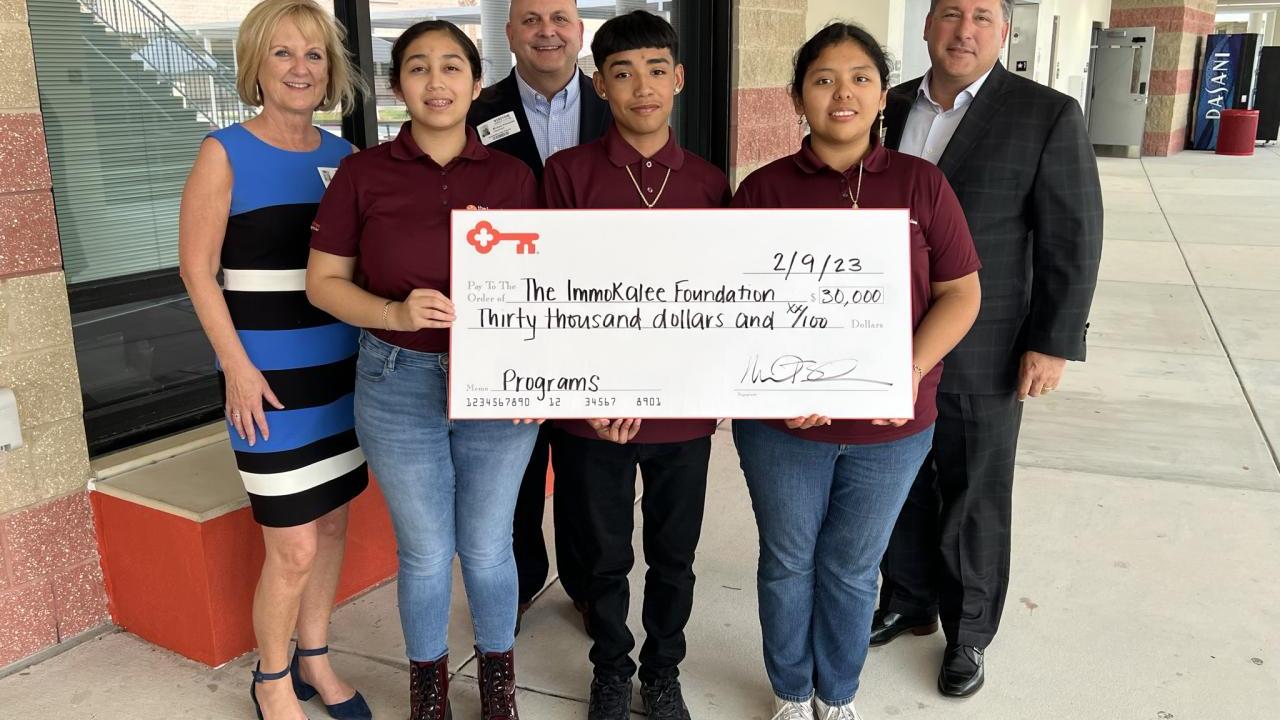 Immokalee Foundation Business Management & Entrepreneurship Pathway students Daisy H., Daniel A. & Lionisia C. with KeyBank’s Karen Crane, Michael T. Schneider and James A. Bitonte