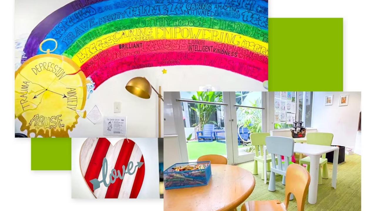 Collage of photos of kids drawings and interior of Kristi's house.