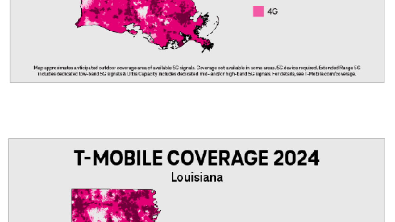 Side by side maps "T-Mobile coverage 2021 and 2024" in Louisiana. Different colors representing different coverage levels.
