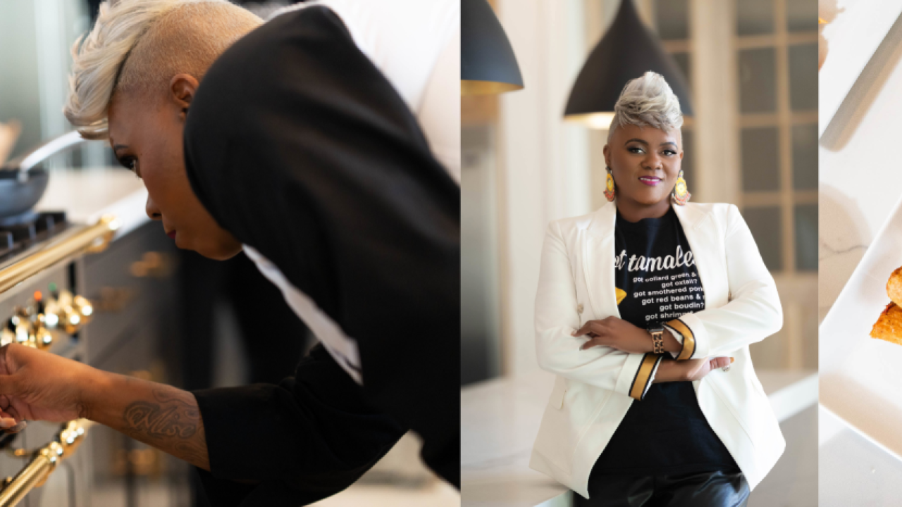 Collage of LaToya Larkin, cooking, and tamales on a plate.