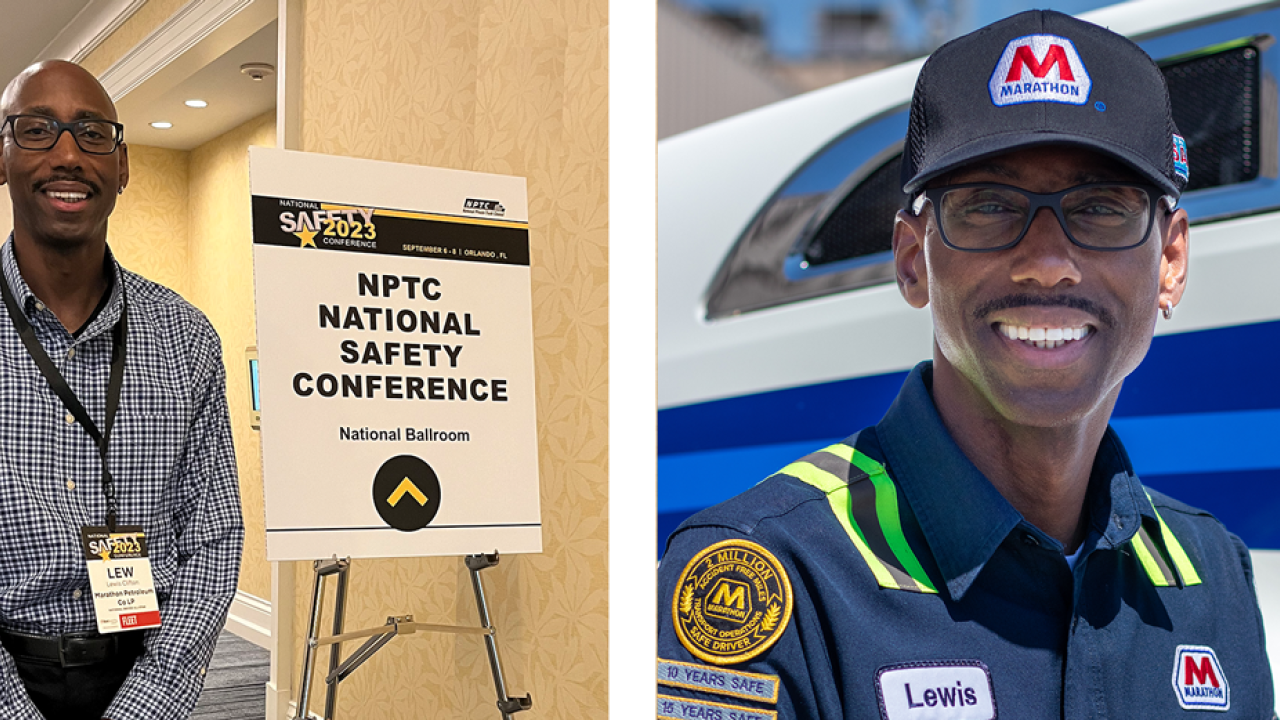 Two photo's of Lewis Clifton side by side. On the left, Lewis Clifton stood next to a sign board that reads 'NPTC national safety conference'. On the right is an image of Lewis Clifton in a blue uniform with the Marathon logo on 