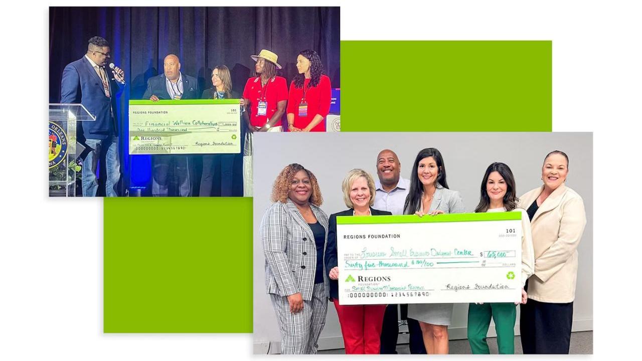Two separate photo's of a group of people holding a cheque 