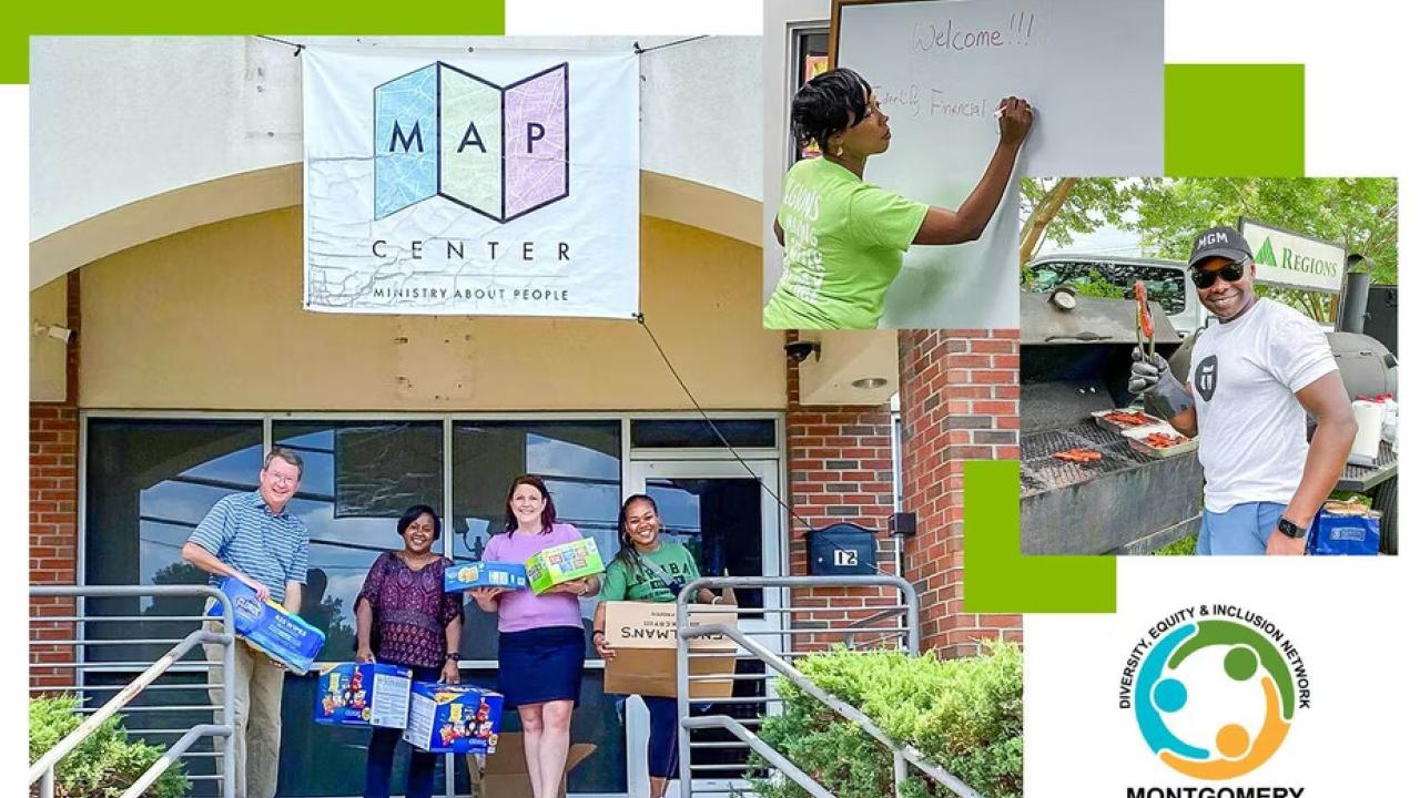 collage of the MAP center, people outside the building holding food boxes, some grilling, one writing on a white board