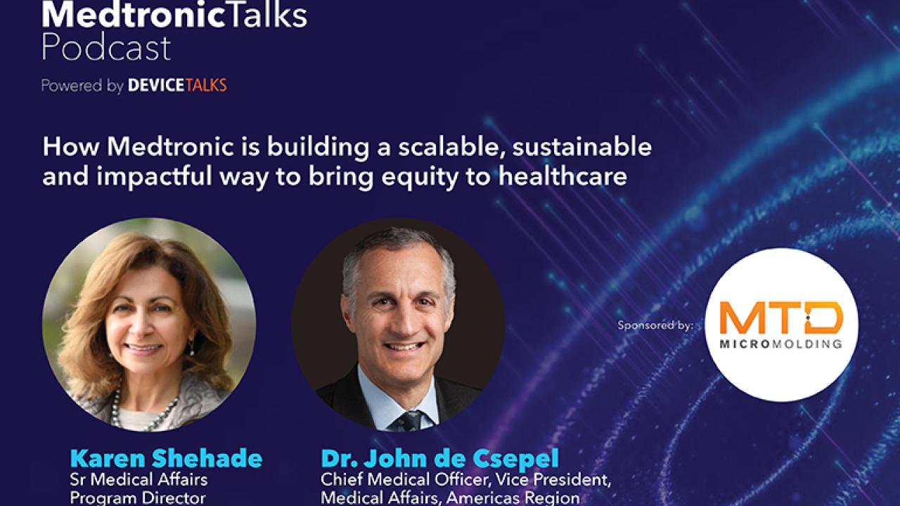 Medtronic Talks podcast banner with headshots of Karen Shehade and Dr. John de Csepel 