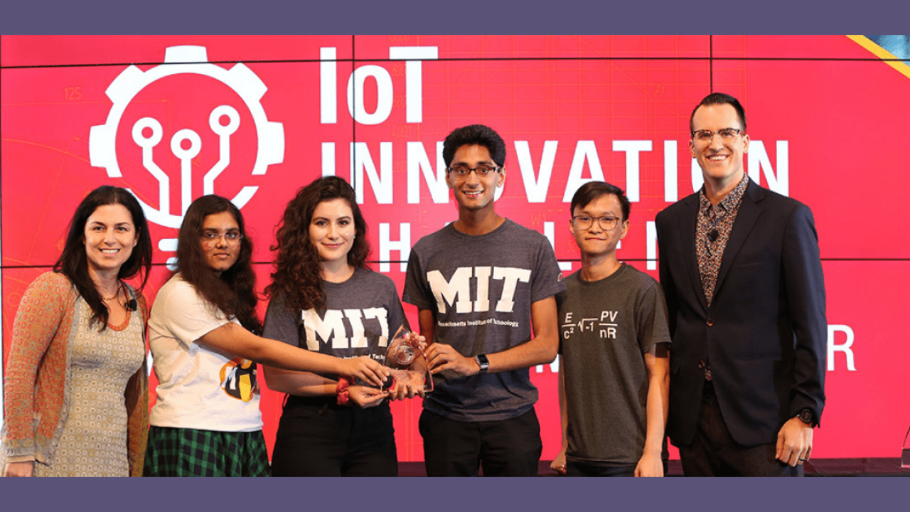 Pictured: Marie Hattar, Senior Vice President and Chief Marketing Officer at Keysight, and Daniel Bogdanoff award first prize in the 2019 Keysight Innovation Challenge to Gabriella Garcia and her colleagues from MIT.