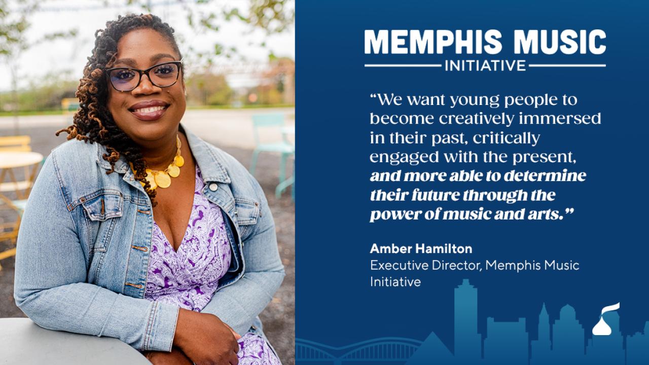 On the left Amber Hamilton, on the right "Memphis Music Initiative" and quote from Amber