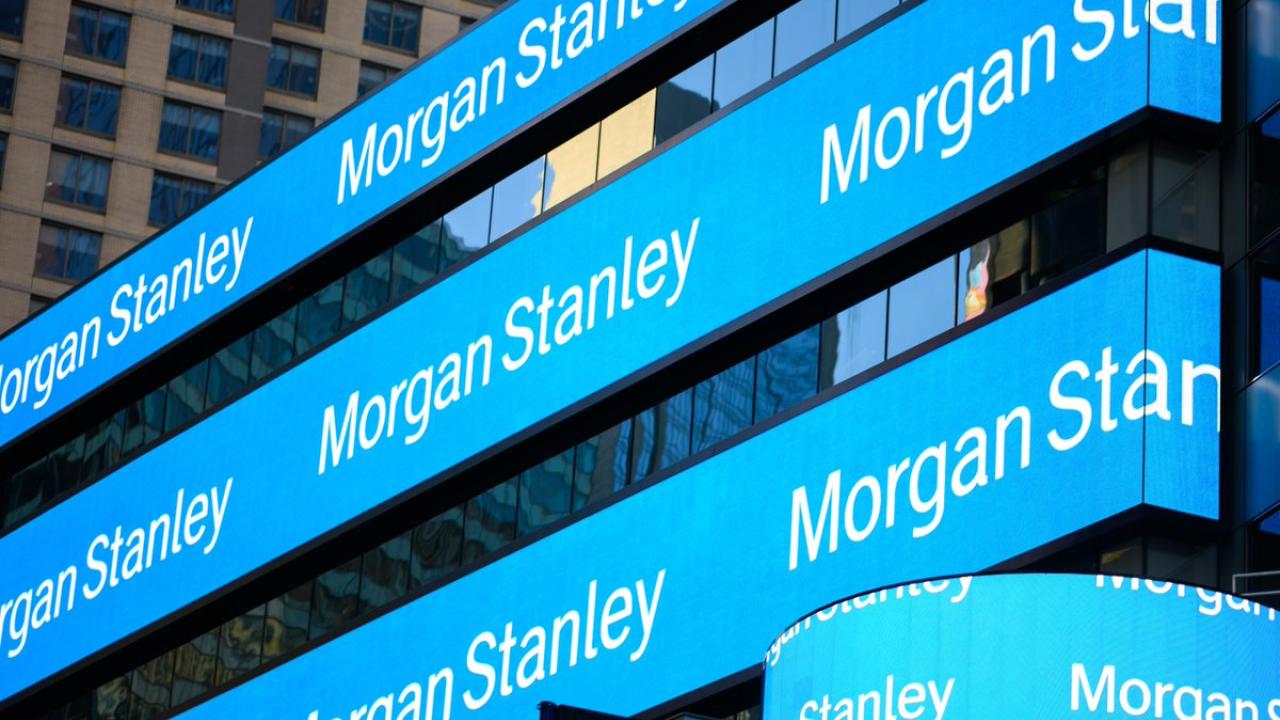 Outside of a glass building with Morgan Stanley written on the windows. 