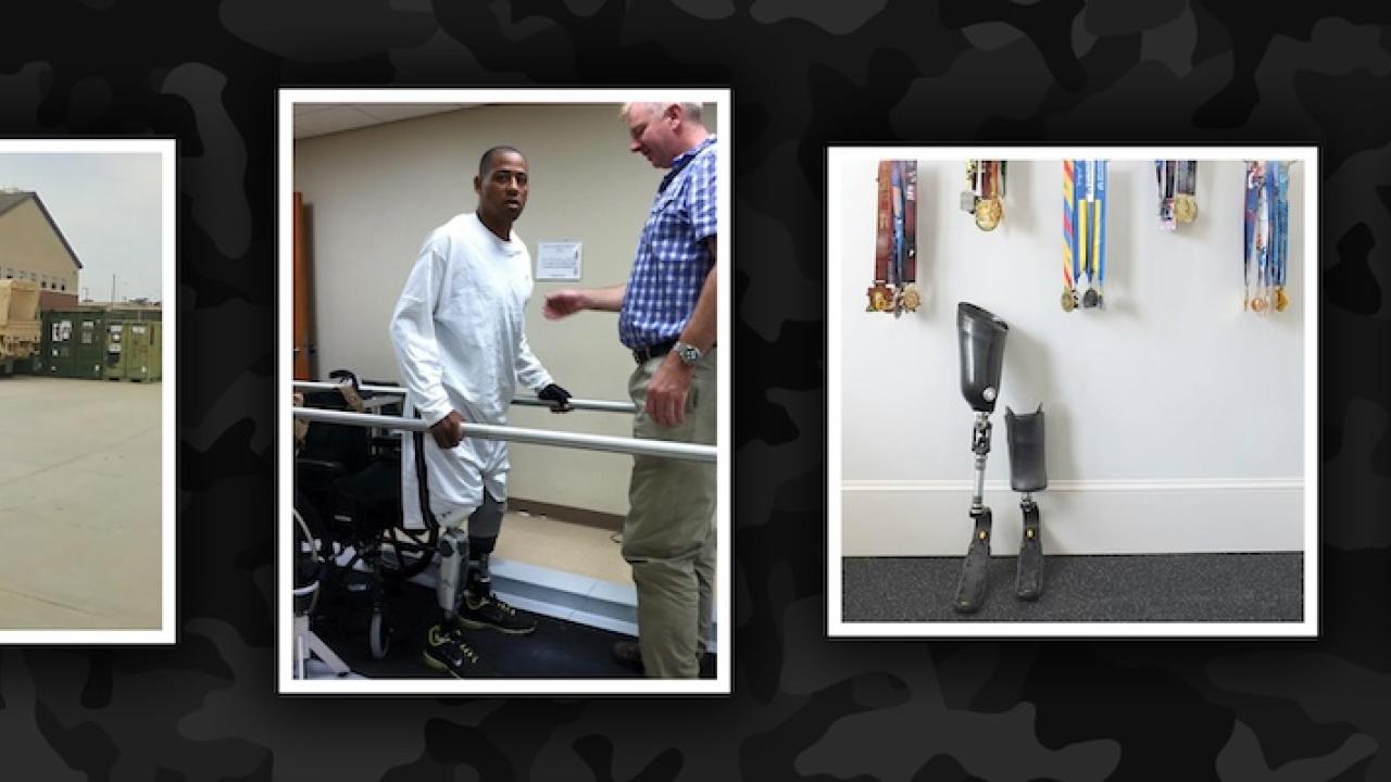 U.S. Army Ranger Master Sergeant (MSG) Cedric King shown in his uniform, at therapy and with his family.