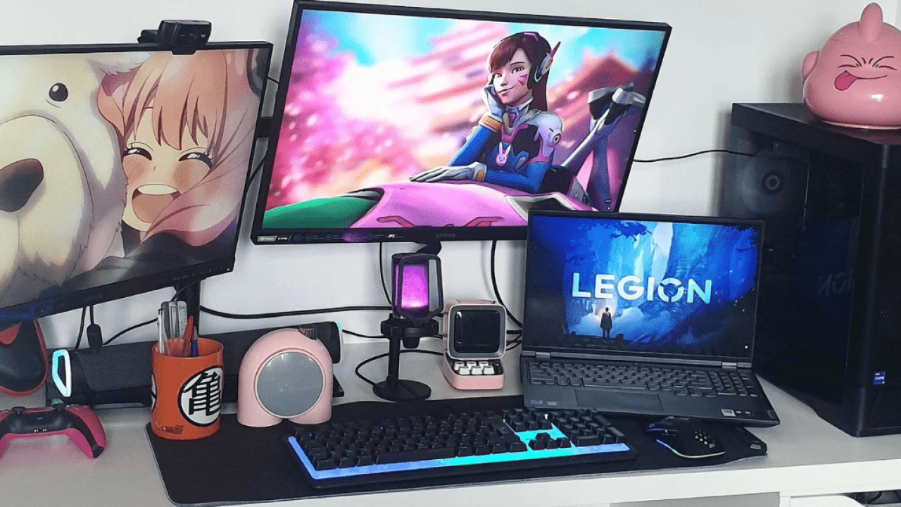 Desk with computer monitors and keyboard