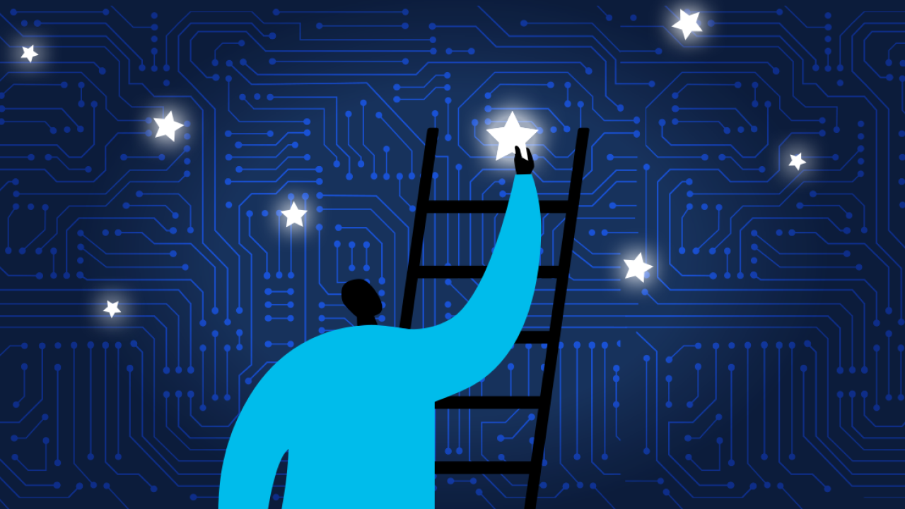 Illustration of someone on a ladder reaching for the stars