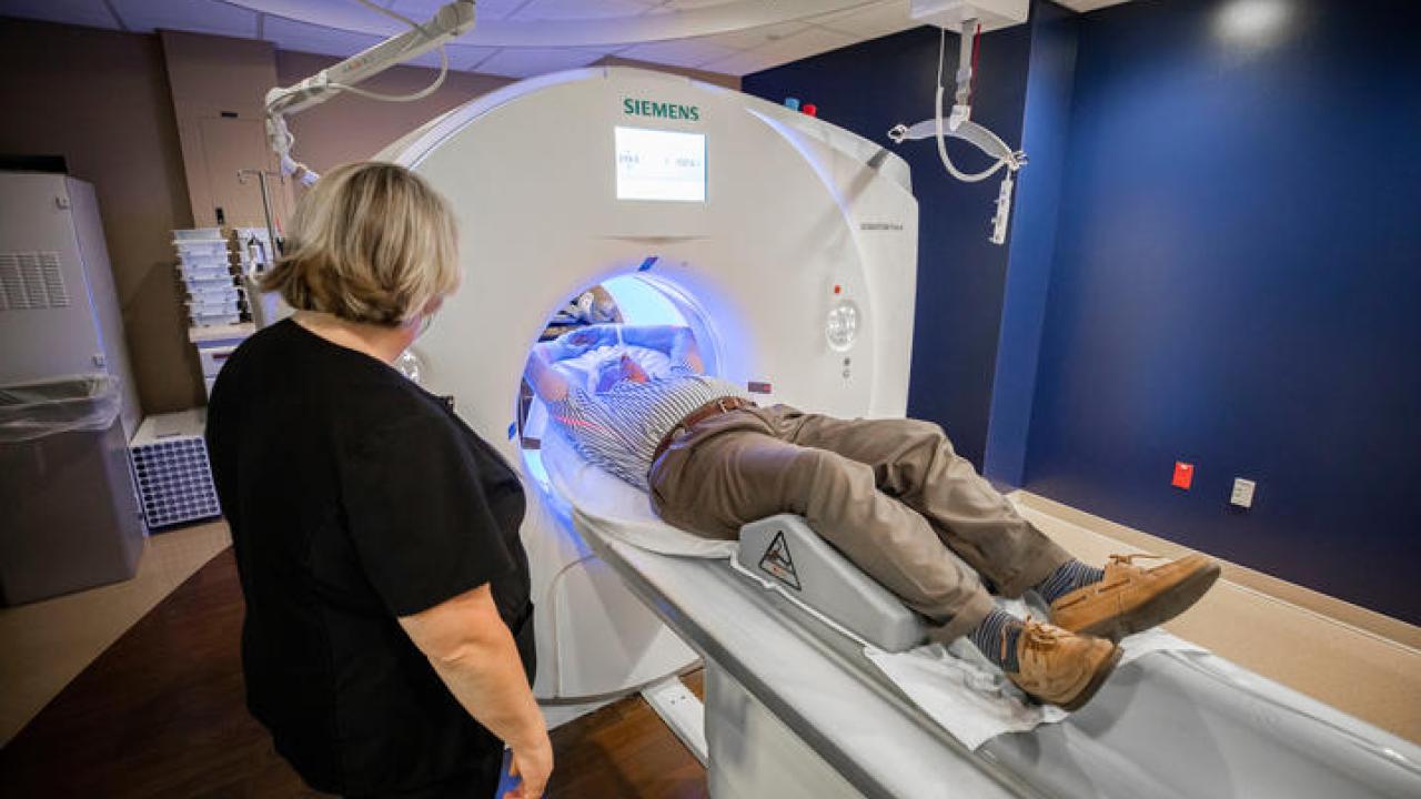 A patient being screened in an MRI.