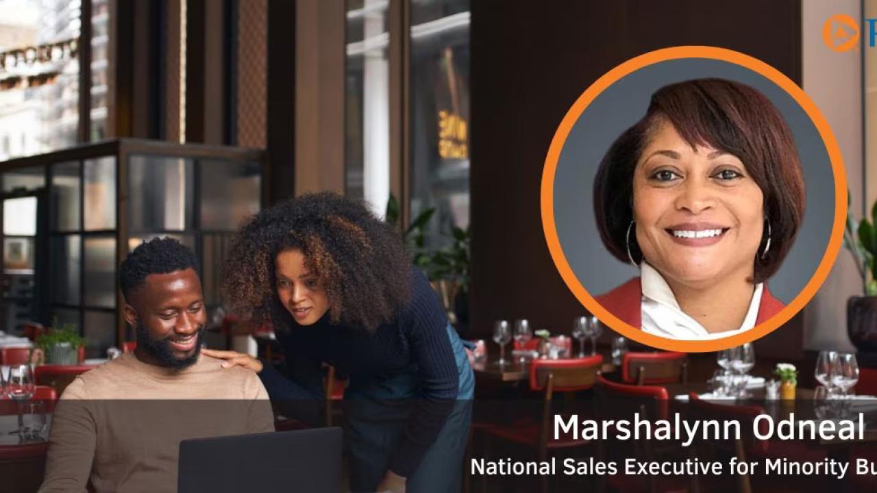 Marshalynn Odneal profile and title over a ohiti of two people in a restaurant setting looking at the same laptop.