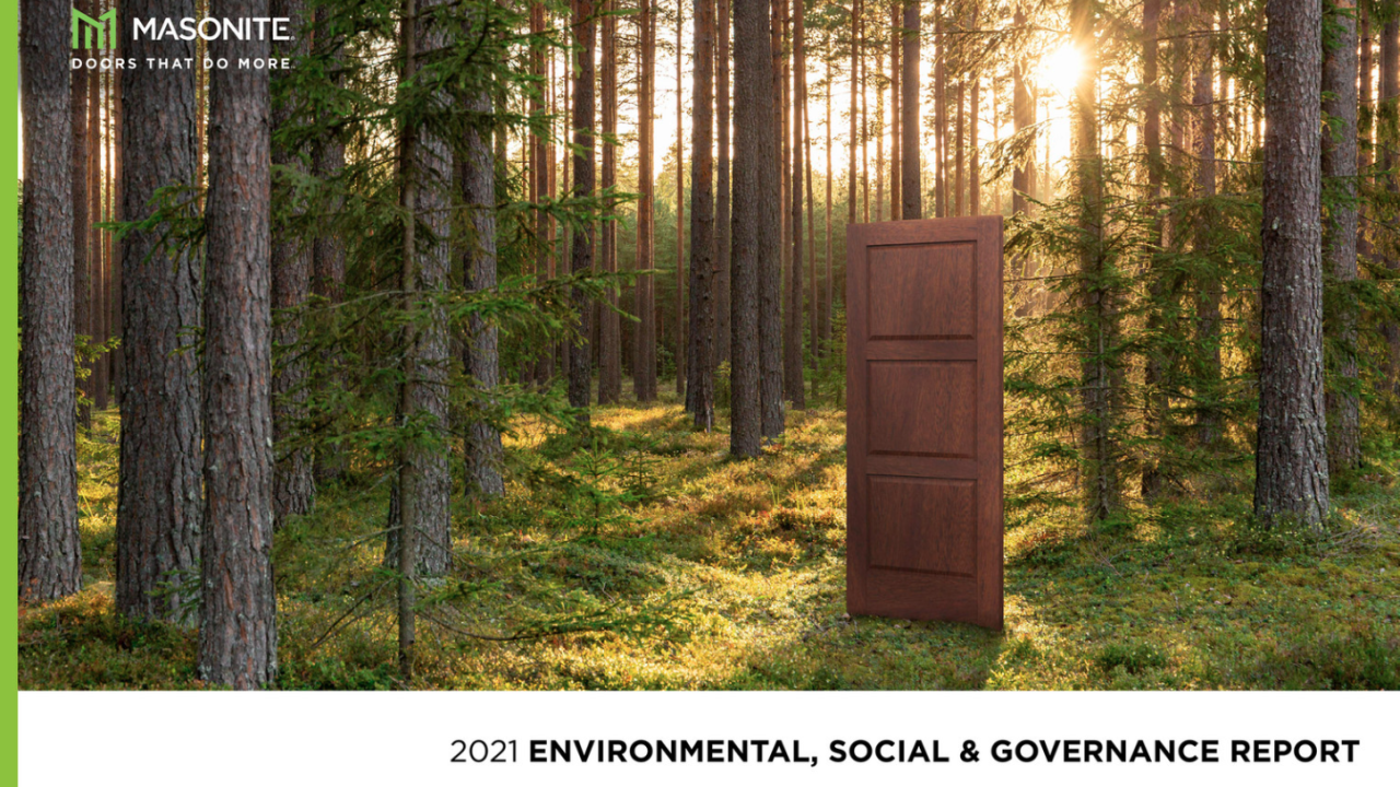 forest with Masonite logo and "2021 Environmental, Social & Governance Report"