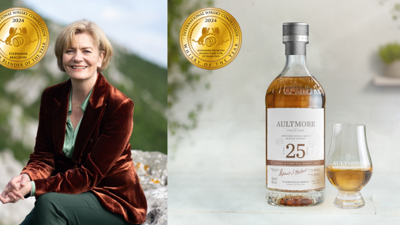 Two separate photo's side by side. On the left, a photo of someone sat down. On the right, a bottle of whisky next to a glass