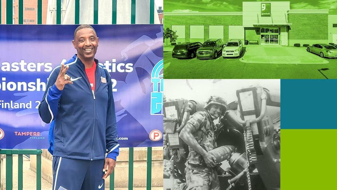 Collage of Maurice Lowery standing in a track suit, the outside of a Goodwill store, and Maurice in camo service uniform loading the back of a vehicle.