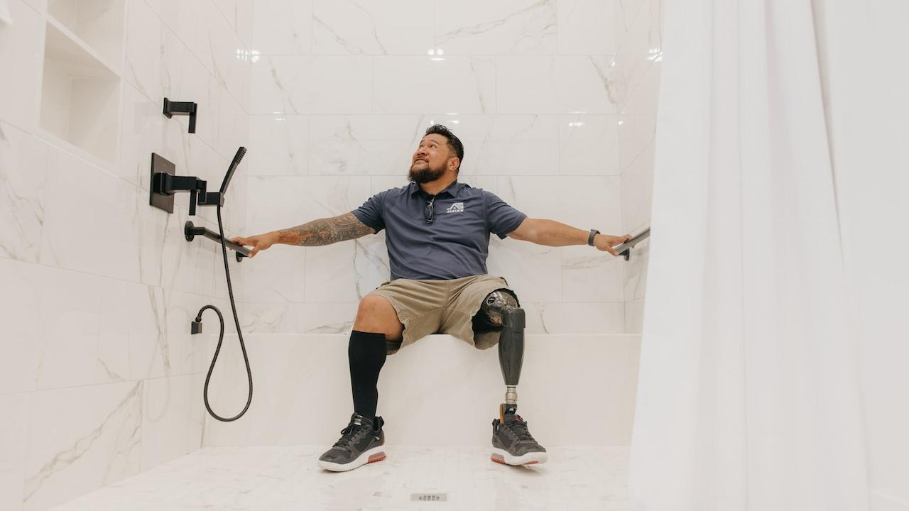 U.S. Army Sergeant Anesi “Maverick” Tu’ufuli in his newly built bathroom.