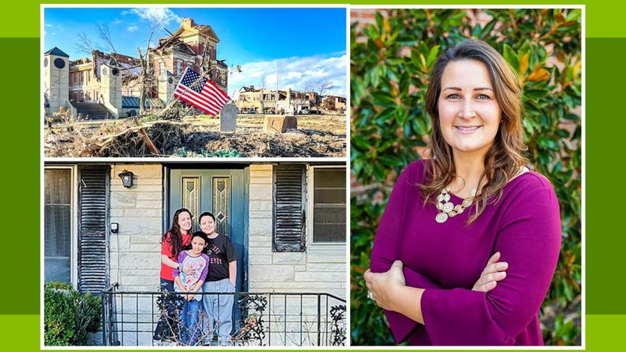 Three picture gallery, top left showing a tornado-damaged building with an american flag out front. Bottom left of the Costello family hugging on their front porch. Right is Mortgage Loan Officer Jo Brown standing in front of a bush