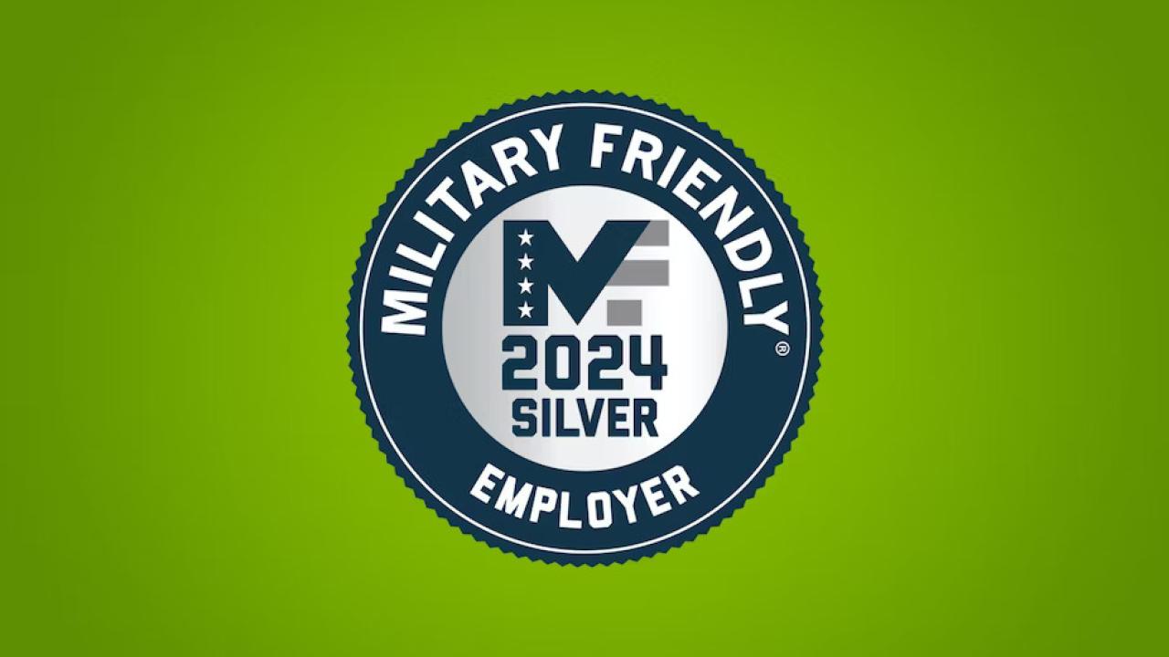 On a green background "Military Friendly Employer" badge.