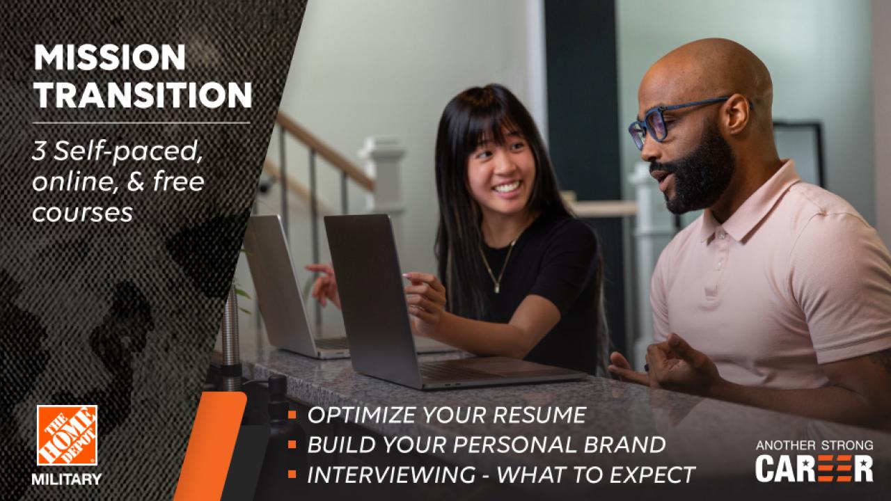 The Home Depot: Mission Transition, 3 Self-Paced, online & free courses. A man and a woman are seated at a table in front of a laptop.