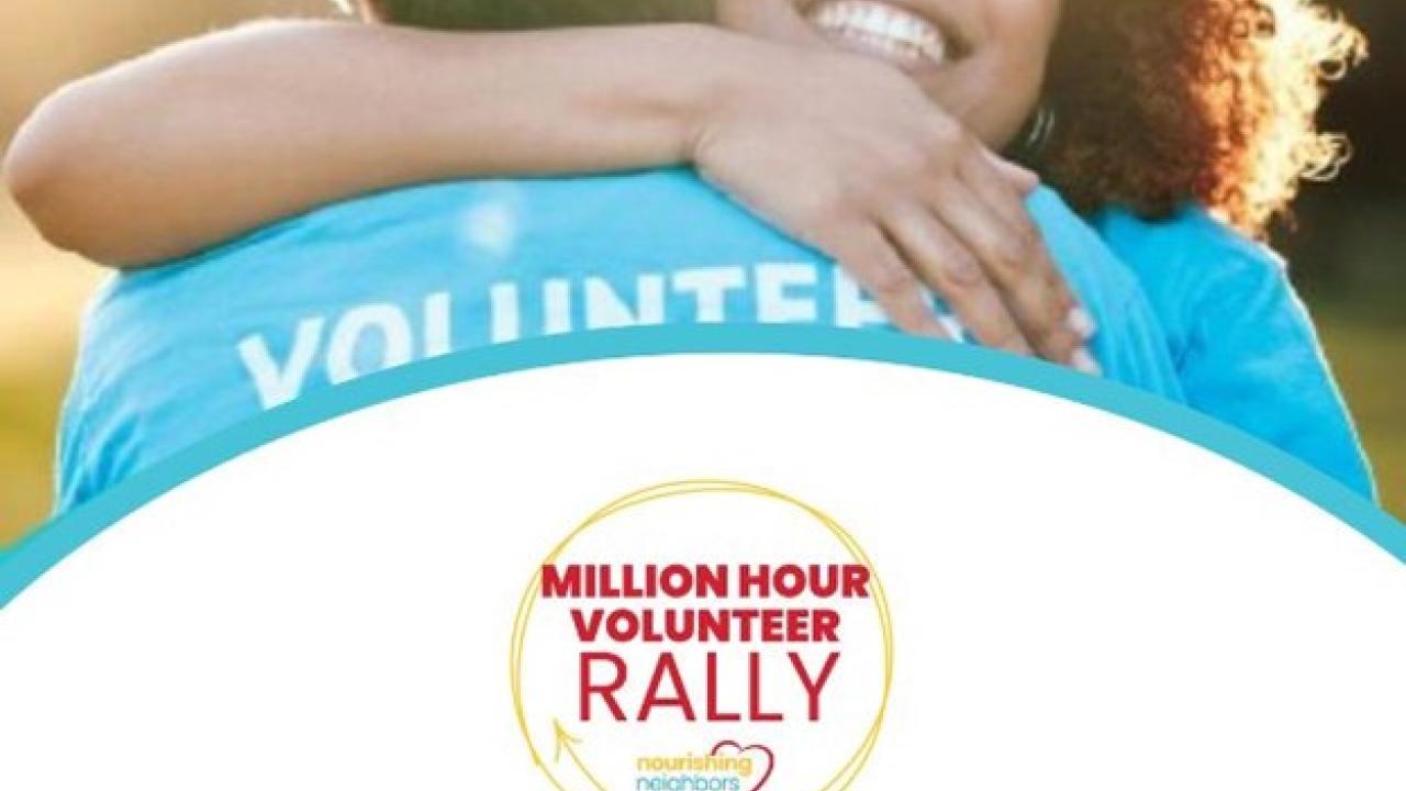 People hugging and logo that says "Million Hour Volunteer Rally"