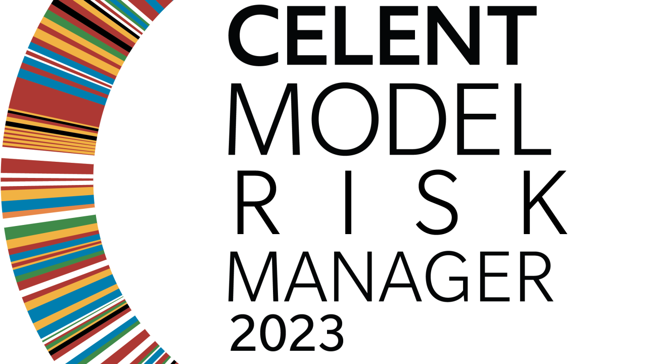 "Celent model risk manager 2023" and logo of many colored stripes in a C formation.