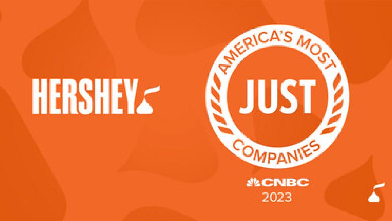 Hershey logo next to "America's most just companies" logo on an orange background