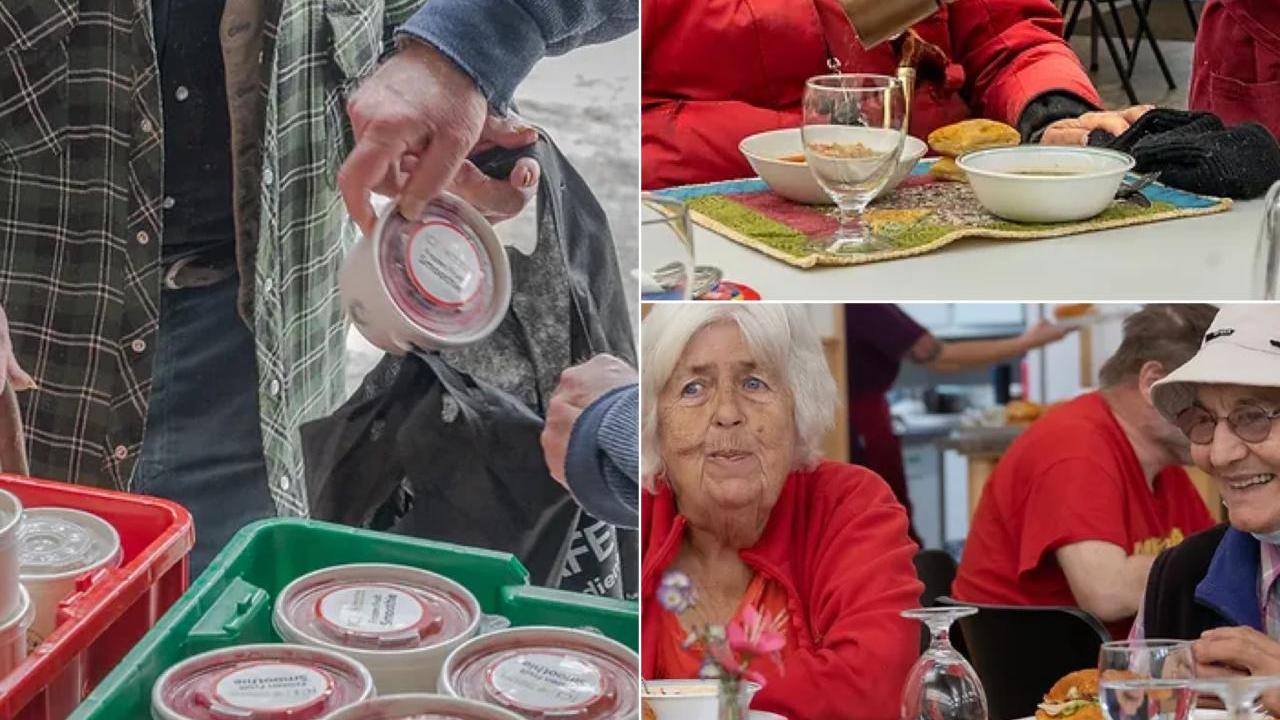 Collage of three images of people seated for a meal, and others selecting pre-packed foods.