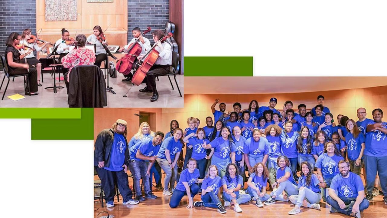 Collage of people playing sting instruments, and a large group of volunteers posed in matching shirts.