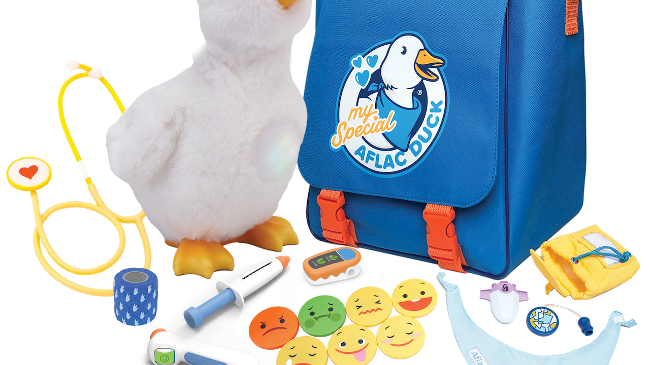 My Special Aflac Duck shown with his bag and accessories. 